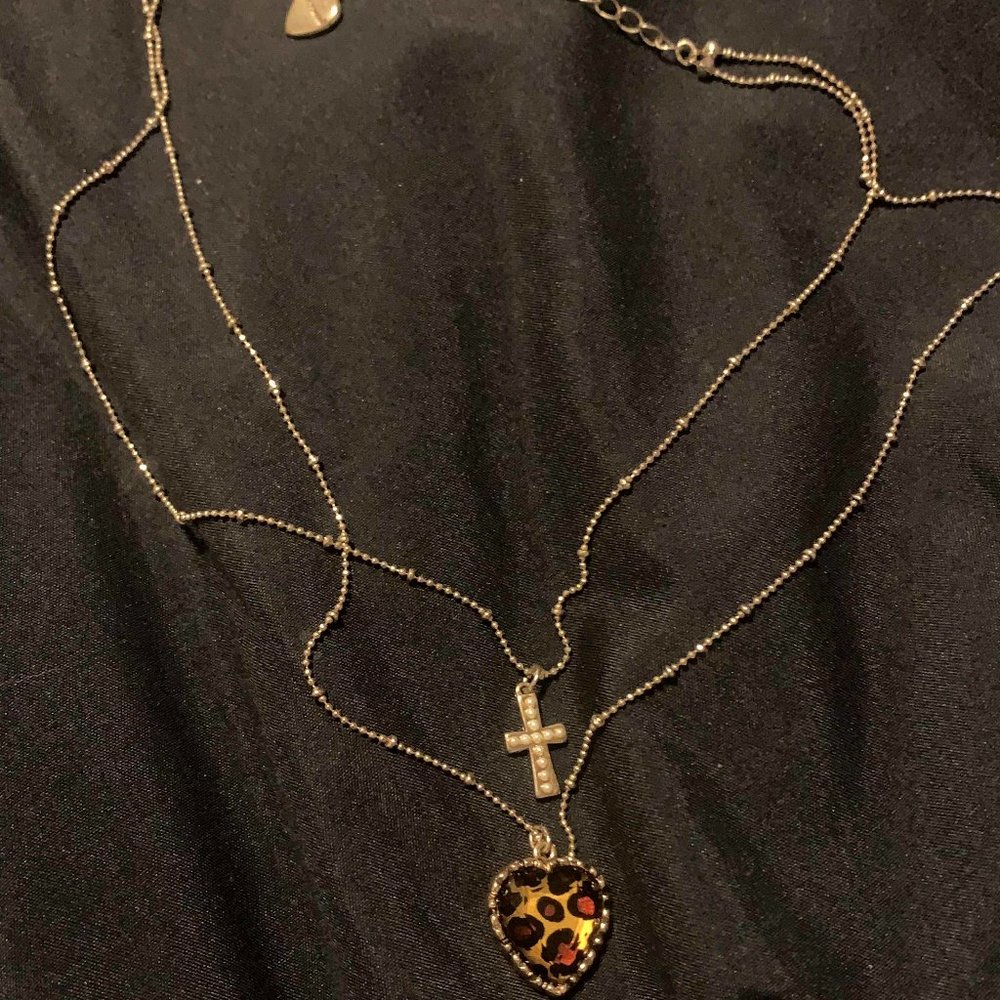 Betsey Johnson Layered Necklace Leopard Heart & Pearl Cross